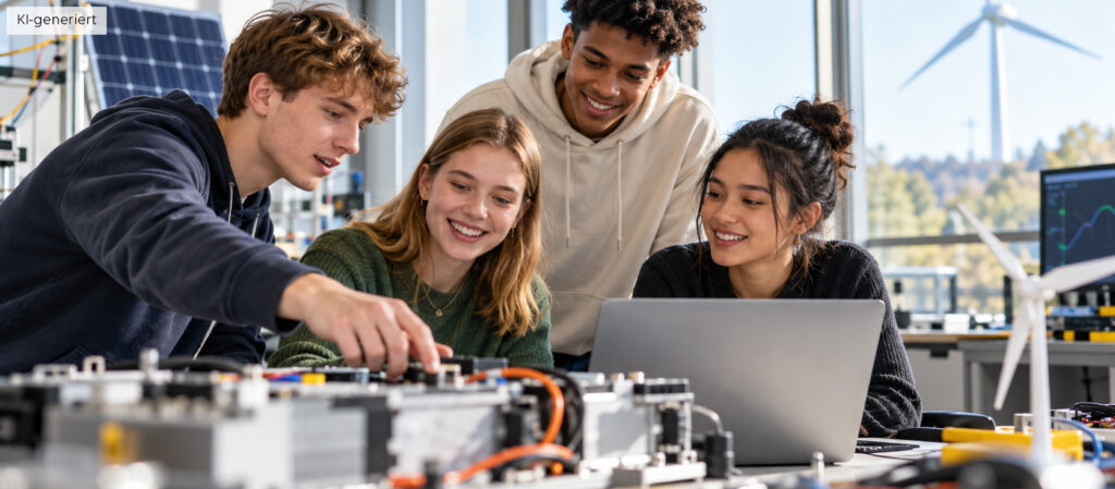 Studierende arbeiten gemeinsam an einem Projekt zu erneuerbaren Energien.